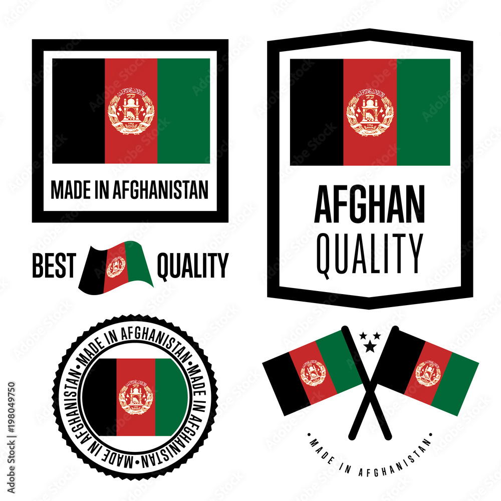 Afghanistan quality isolated label set for goods. Exporting stamp with afghan flag, nation manufacturer certificate element, country product vector emblem. Made in Afghanistan badge collection.