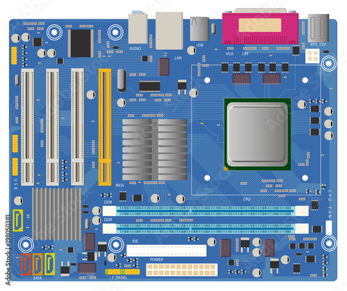 Computer motherboard on white background. PC chip electronic circuit board with processor vector illustration