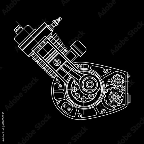 Motocycle engine design isolated in black background. It can be used as an illustration for the high-tech, systems and mechanisms, motors, development of engineering and research.