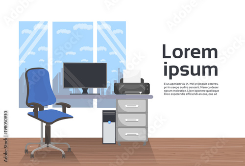 Empty Workplace Office Interior Desk With Computer And Chair Over Window Background Flat Vector Illustration