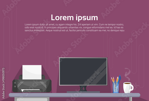 Office Desk With Computer And Printer Workplace Background Flat Vector Illustration