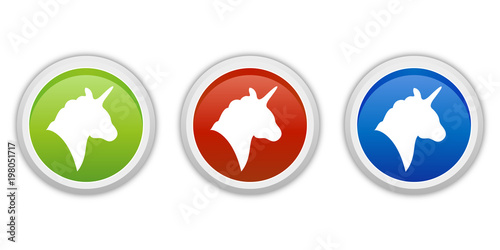 rundes Button Set grün rot blau - Einhornkopf