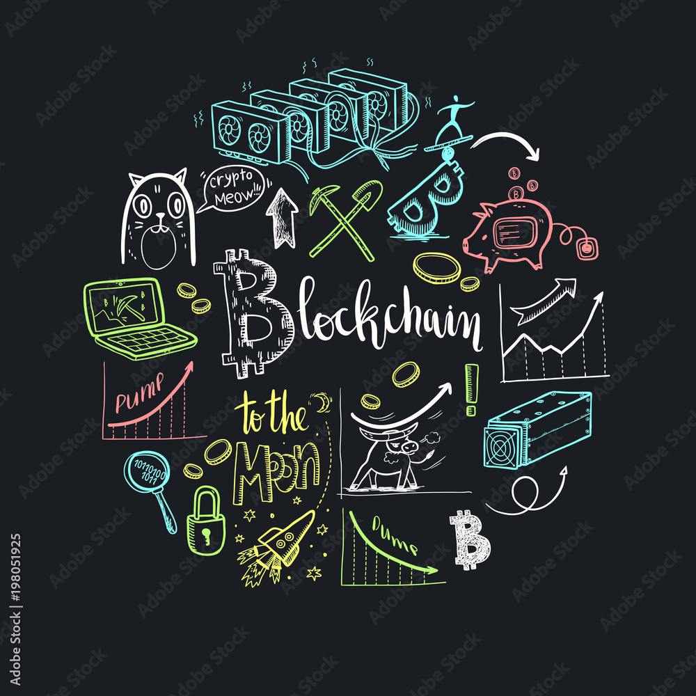 Fototapeta premium Crypto-currency doodle round illustration