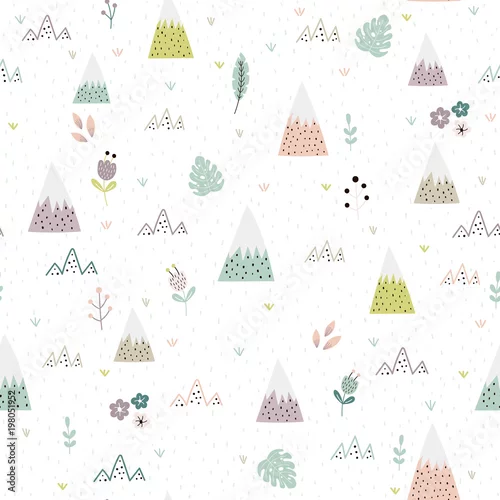 Tapety Śliczne góry, rośliny i kwiat krajobraz wzór. Tło kreskówka dla dzieci. Ilustracji wektorowych