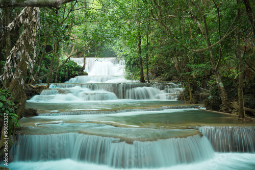 Huay Mae Khamin waterfalls in deep forest at Srinakarin National Park ,Kanchanaburi ,A beautiful stream water famous rainforest waterfall in Thailand