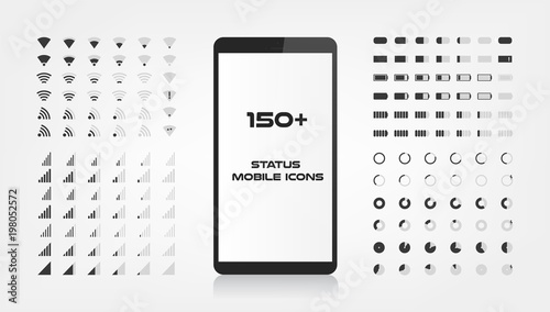 About 150 interface icons. Mobile battery power charger, wifi signal and connection level sing set. The round shape with the filled and empty risks For mobile applications web and desktop. EPS 10