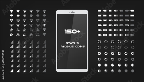 About 150 interface icons. Mobile battery power charger, wifi signal and connection level sing set. The round shape with the filled and empty risks For mobile applications web and desktop. EPS 10
