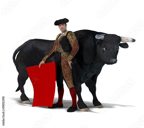 Proud Male Matador and a Bull on a white background