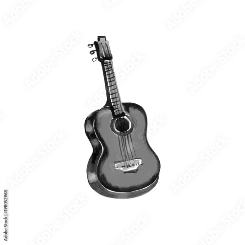 Acoustic guitar watercolor illustration. Black on white background