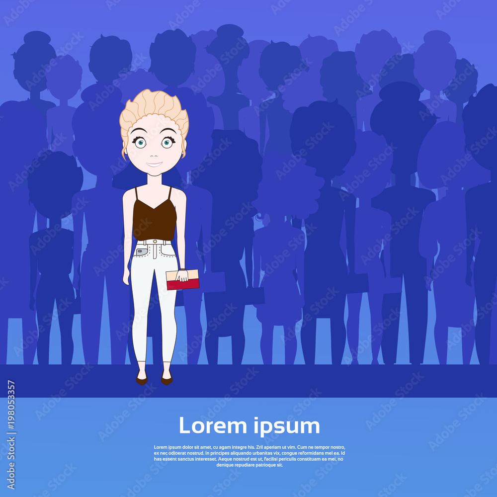 Obraz premium Beautiful Girl Standing Out Of Crowd Over Silhouette People Group With Copy Space Background Flat Vector Illustration