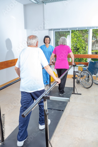 Elderly people at gym in rehab facility