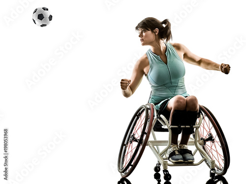 one caucasian young handicapped tennis player woman in welchair sport tudio in silhouette isolated on white background