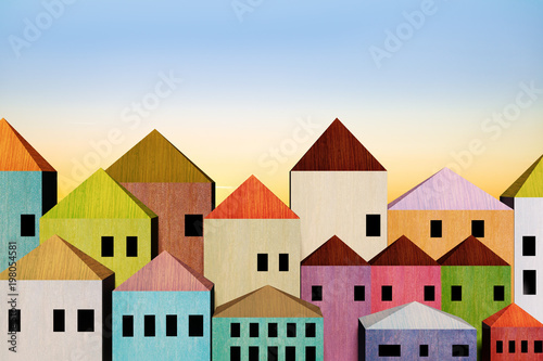 Simple city with colorful houses, 3d illustration