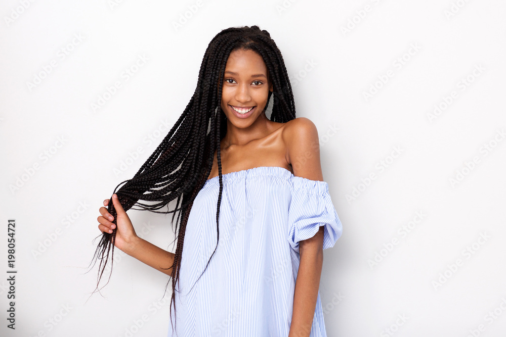 beautiful african american woman with braided hair smiling against white background - obrazy, fototapety, plakaty 