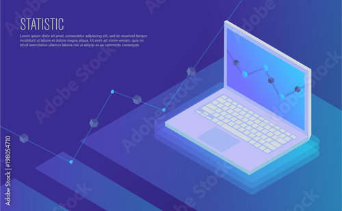 Concept of landing page. Analysis data and Investment. Business success.Financial review with laptop and infographic elements. 3d isometric flat design. Vector illustration.
