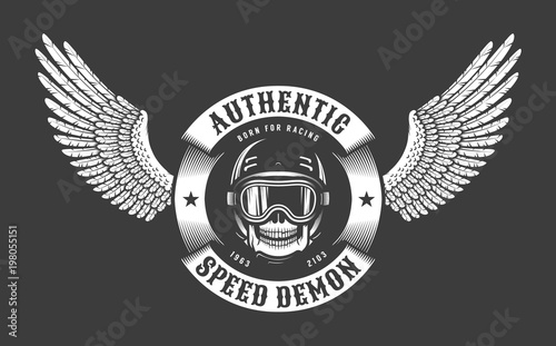 Skull in helmet and glasses with circular ribbon and wings on dark background - retro emblems.