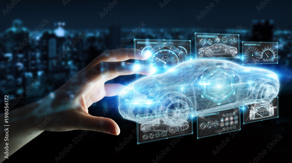 Businesswoman using modern smart car interface 3D rendering Businesswoman using modern smart car interface 3D rendering