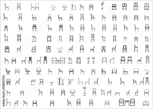 chairs and table side view drawing 2d on white backgrounds