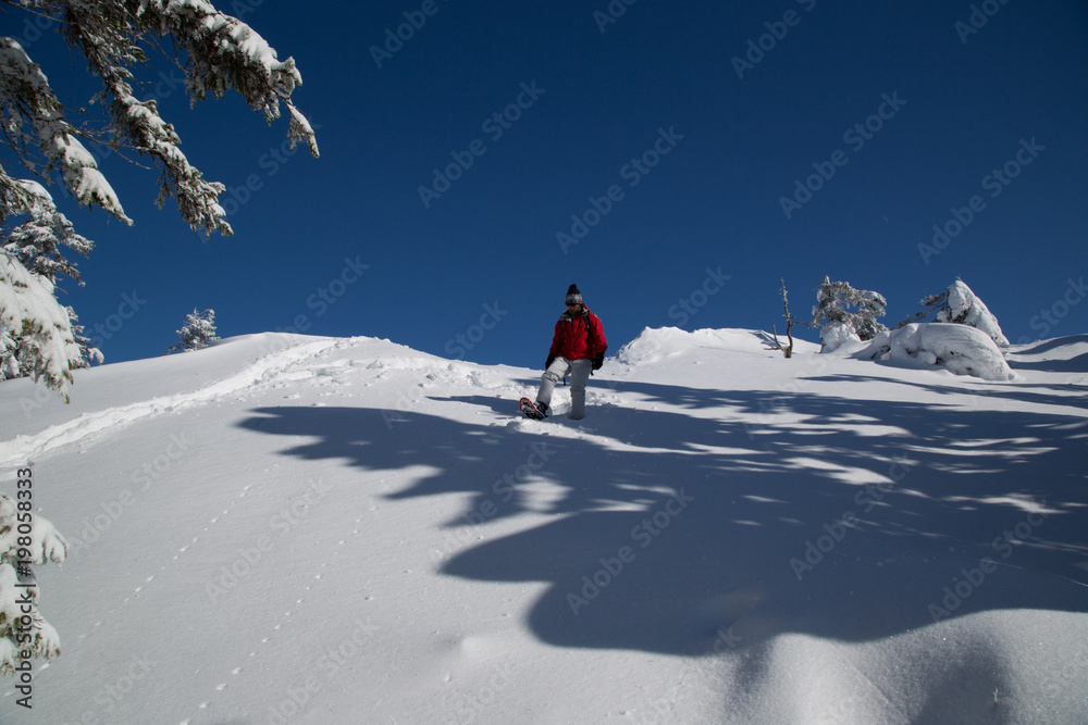 Snowshoe hiker descends from the Paha-Koli peak in deep snow