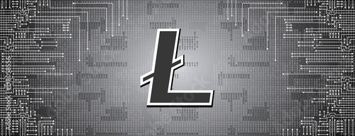 Virtual symbol of the coin litecoin on binary code background and electronic circuit