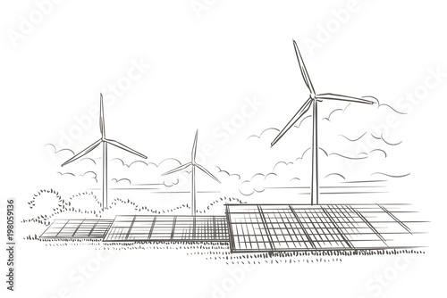 Alternative sources of energy (wind, solar) hand drawn sketch (2). Vector.