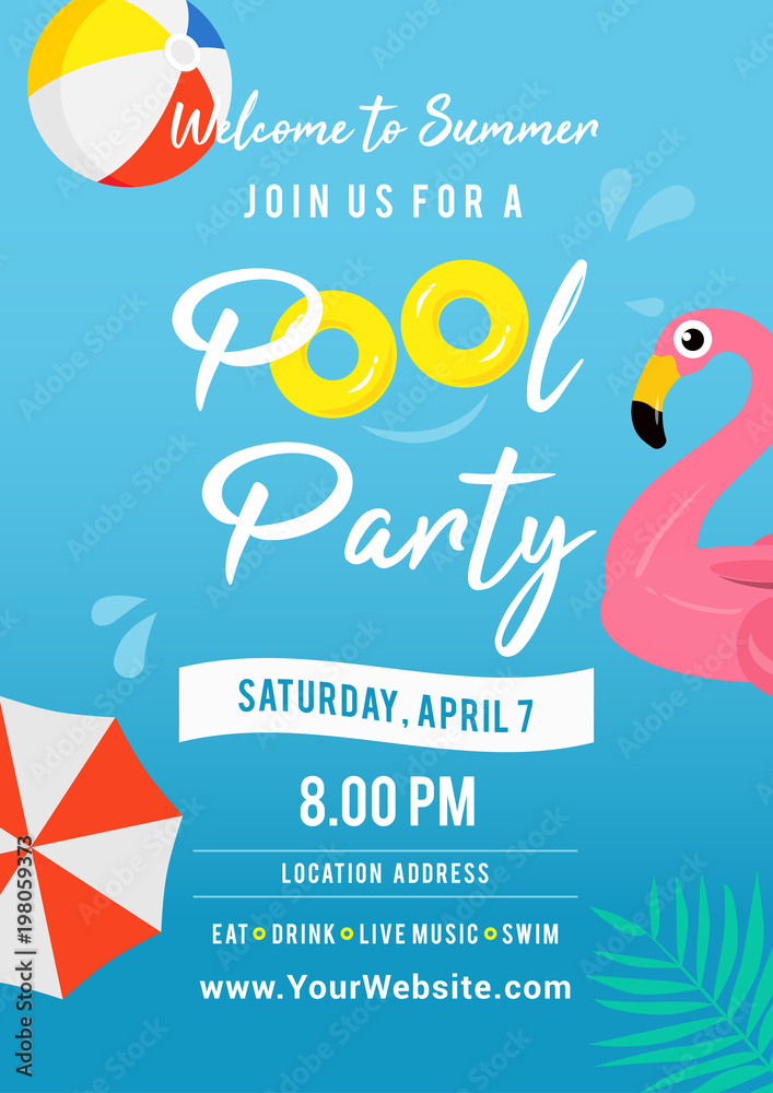 Pool party invitation vector illustration. Swimming pool with pool toys.