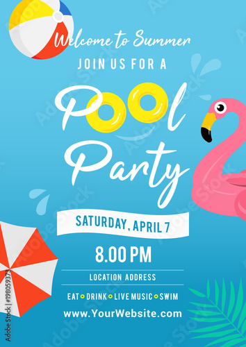 Pool party invitation vector illustration. Swimming pool with pool toys.