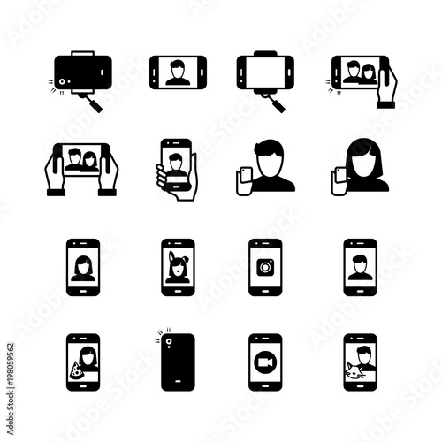 Selfie, person with mobile phone taking photo black silhouette vector icons