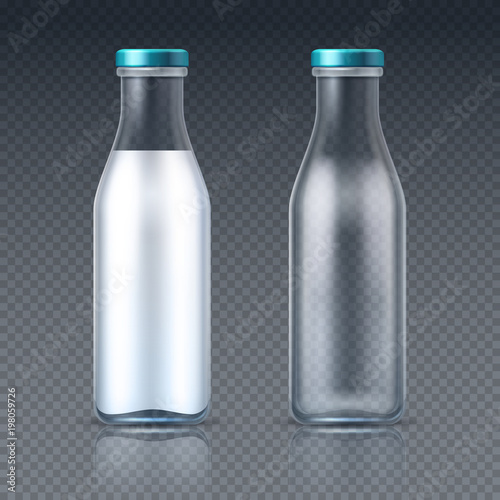 Glass beverage bottles empty and with milk. Dairy product packaging isolated vector mockup