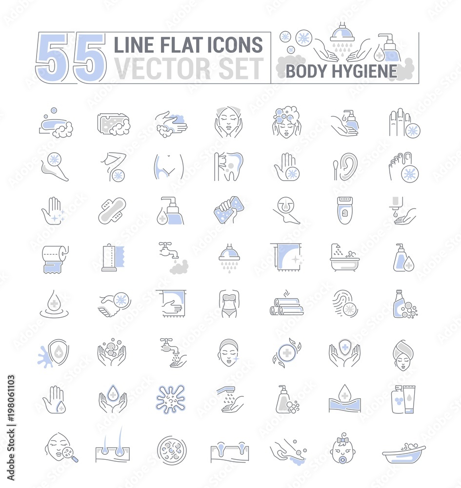 Vector graphic set. Icons in flat, contour,thin, minimal and linear design. Care of body. Hygiene product. Body wash, epilation, peeling. Simple isolated icons. Concept sign, symbol, element.