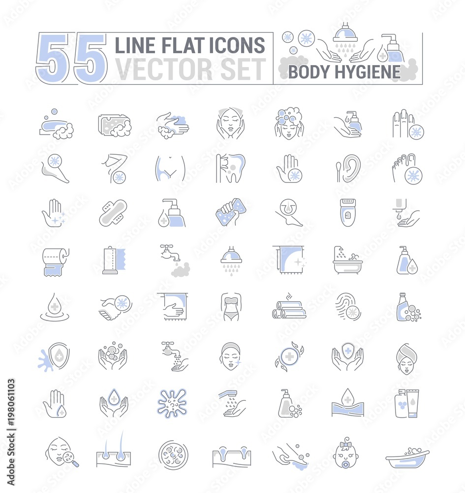 Vector graphic set. Icons in flat, contour,thin, minimal and linear design. Care of body. Hygiene product. Body wash, epilation, peeling. Simple isolated icons. Concept sign, symbol, element. Vector graphic set. Icons in flat, contour,thin, minimal and linear design. Care of body. Hygiene product. Body wash, epilation, peeling. Simple isolated icons. Concept sign, symbol, element.