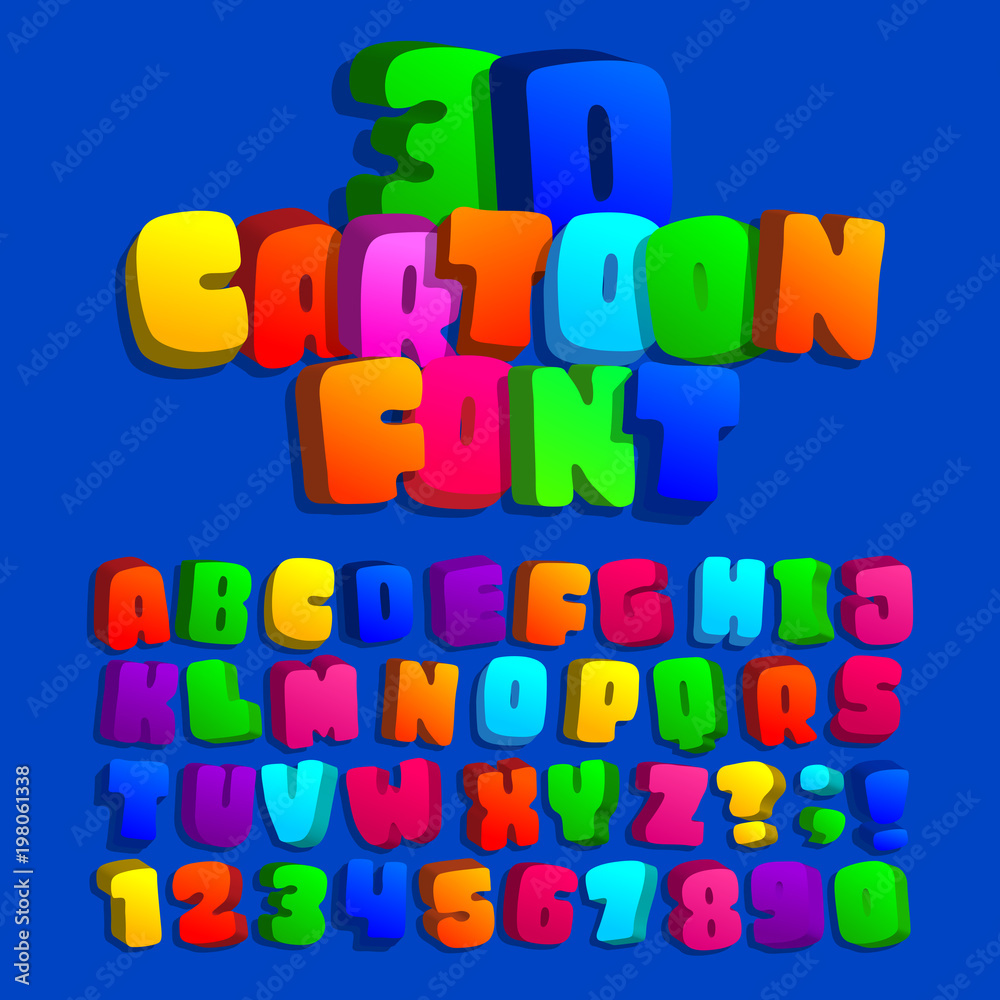 3d cartoon alphabet font. Kids funny colorful letters, numbers and symbols. Stock vector typeface for any typography design. 3d cartoon alphabet font. Kids funny colorful letters, numbers and symbols. Stock vector typeface for any typography design.