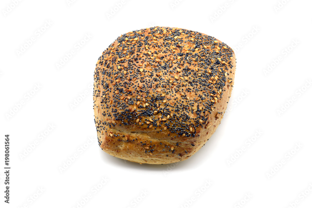 traditional german bread roll with poppy seeds and sesame corns on white isolated background. traditional german bread roll with poppy seeds and sesame corns on white isolated background.