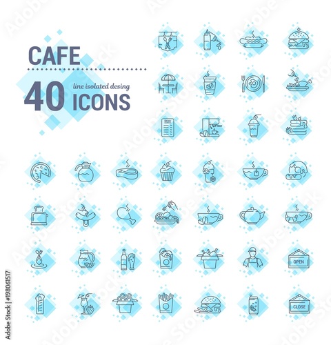 Vector graphic set. Icons in flat, contour, thin, minimal and linear design. Cafe. Food silhouettes. Fast food. Pizzeria. Catering. Simple isolated icons. Concept for web site, app. Sign and symbol.