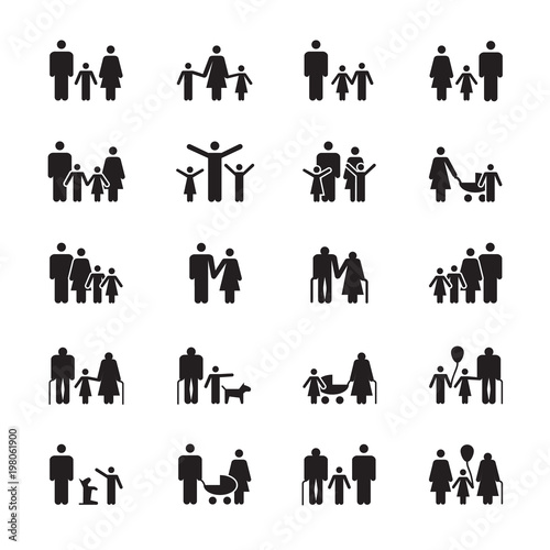 Family pictograms. Grandparents, father, mother, son and daughter figures. People demographics vector silhouette icons isolated