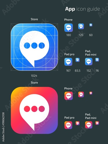 Smart phone app vector mobile os icon templates with guidelines. User guide