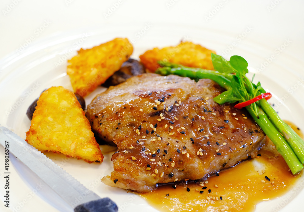 kurobuta pork steak with fried potato kurobuta pork steak with fried potato