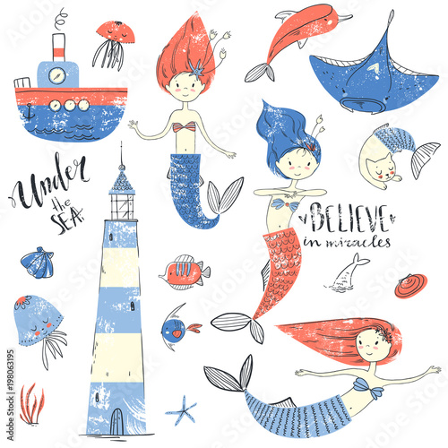 Cute little mermaid set. Believe in miracle. Textured vector ill