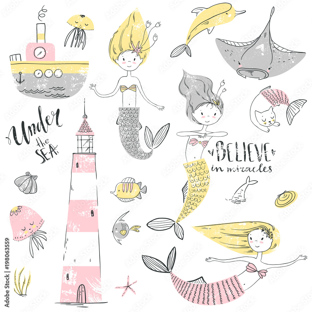 Fototapeta premium Cute little mermaid set. Believe in miracle. Textured vector ill