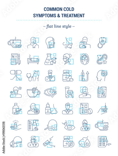 Vector graphic set. Icons in flat, contour, outline thin and linear design. Common cold. Symptoms, treatment, prevention. Simple isolated icons. Concept illustration Web site. Sign, symbol, element.