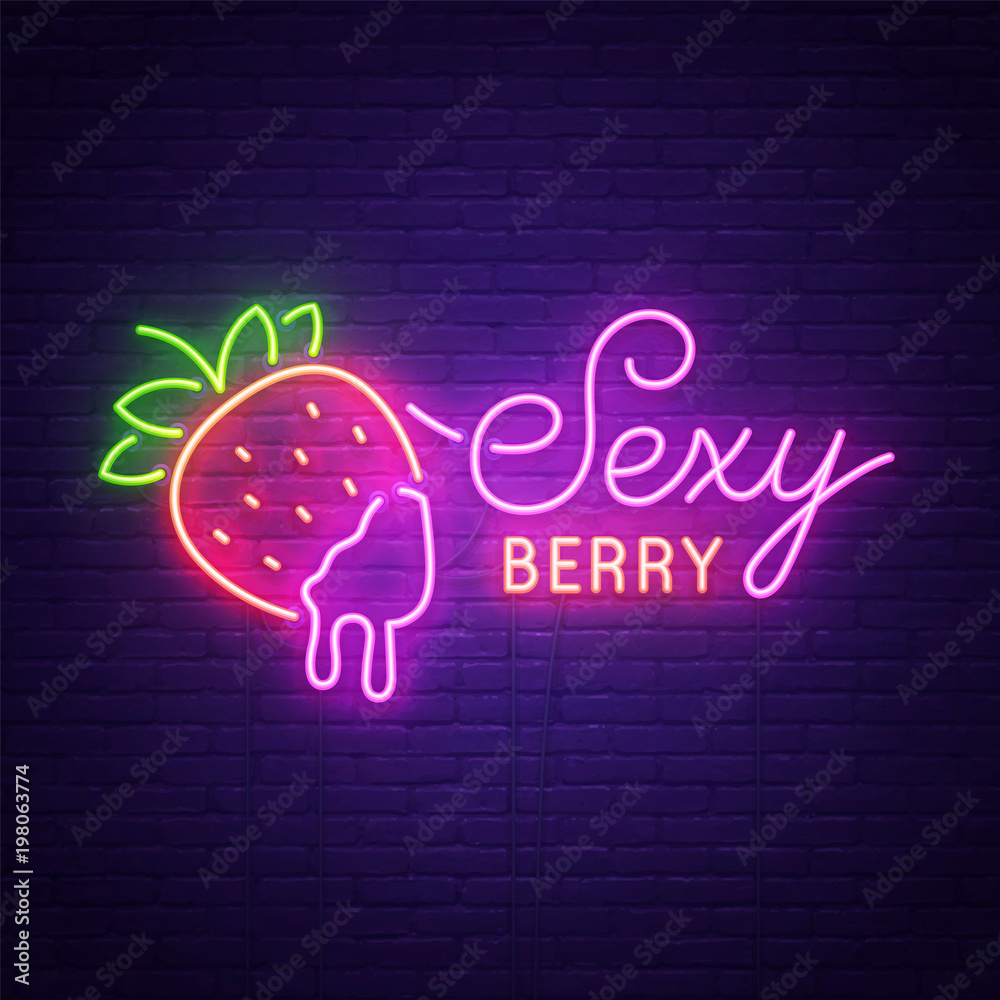 Sex Shop neon sign, bright signboard, light banner. Sexy Berry logo, emblem  and label. Strawberry sing neon. Vector illustration vector de Stock |  Adobe Stock