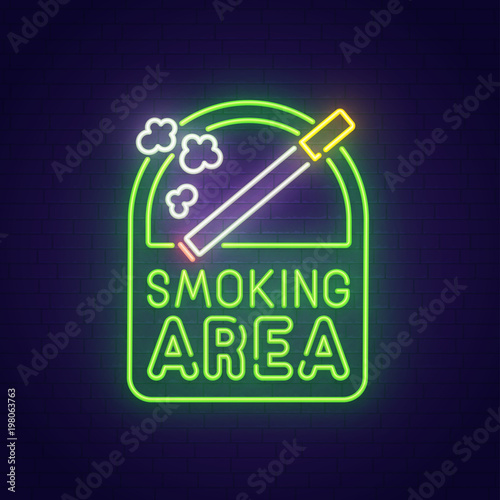 Smoking area neon sign, bright signboard, light banner. Smoking area logo, emblem. Vector illustration