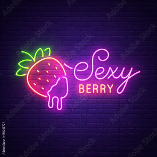 Sex Shop neon sign, bright signboard, light banner. Sexy Berry logo, emblem and label. Strawberry sing neon. Vector illustration