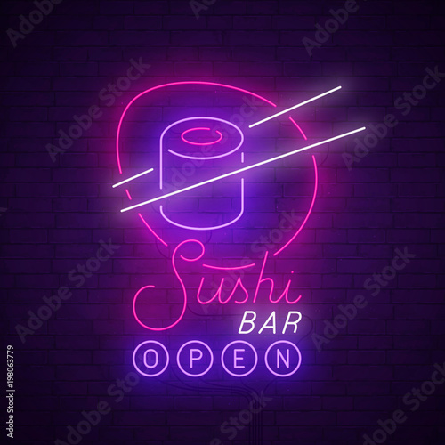 Sushi Bar neon sing. Sushi banner, logo, emblem and label. Bright signboard, light banner.  Vector illustration.