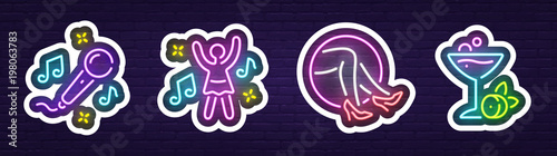Isolated sticker. Stickers for messenger.  Theme night club, disco and karaoke.  Logo, emblem and label. Light sticker. Line icons colorful. Vector illustration.