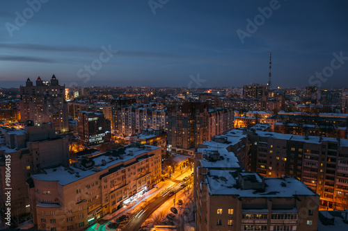 Aerial view of night cityscape. Voronezh city downtown  houses and streets