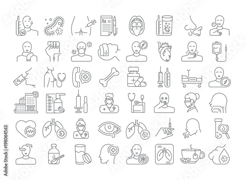 Vector graphic set. Icons in flat, contour, outline thin and linear design. Flu. Symptom, treatment, prevention. Simple isolated icons. Concept illustration for Web site. Sign, symbol, element.