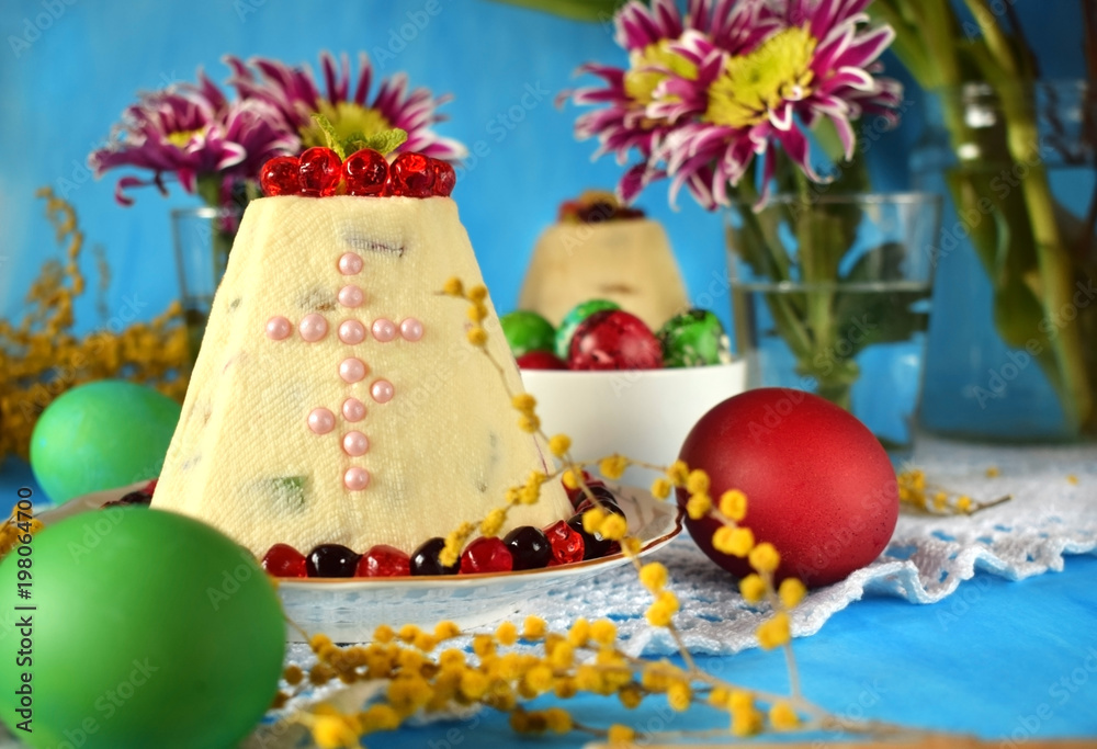Paskha. Cottage cheese dessert with candied fruits. Traditional meal for Easter holidays