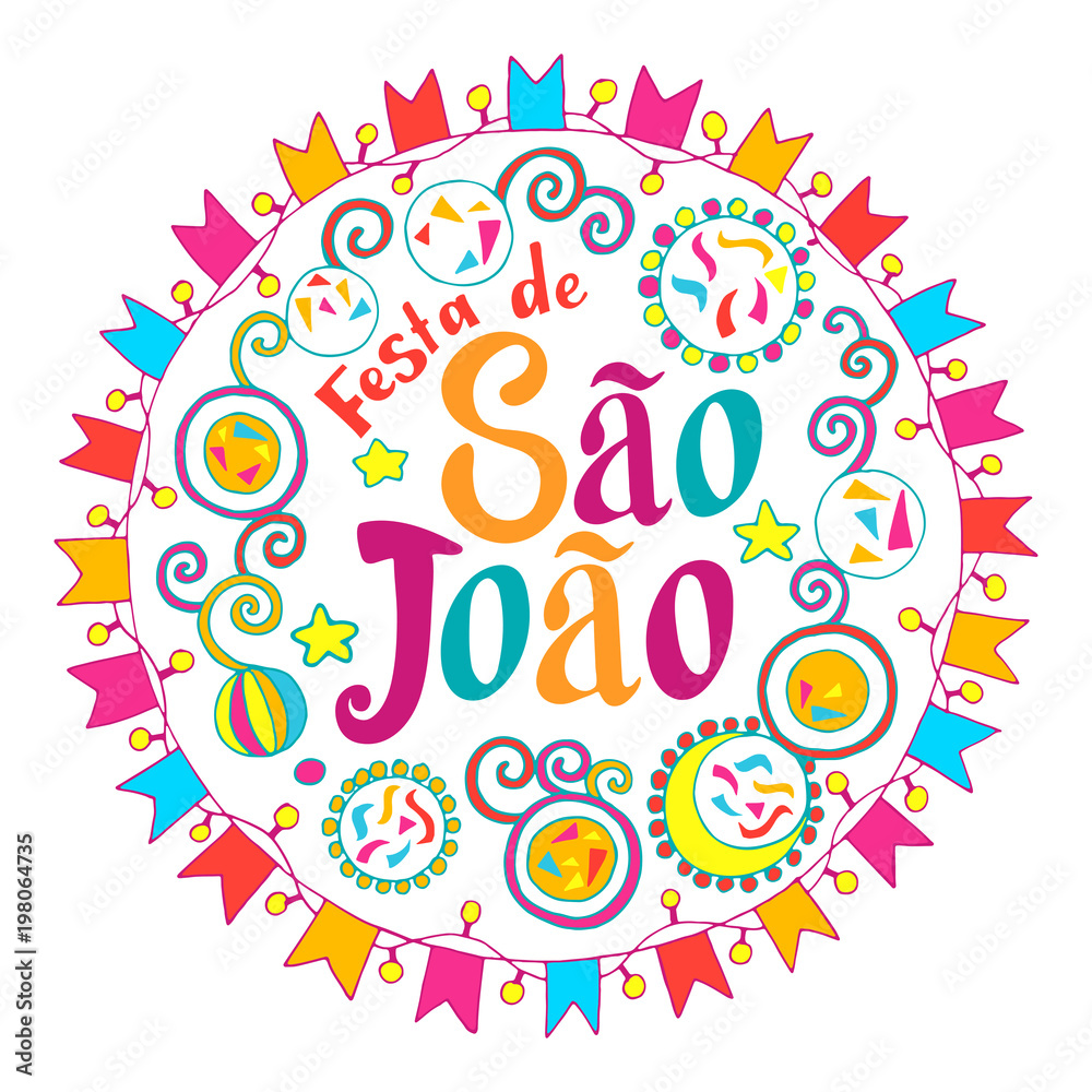 Festa de Sao Joao colorful label summer holiday calligraphic poster, illustration. Vector firework carnaval background with festival flags. Festa de Sao Joao colorful label summer holiday calligraphic poster, illustration. Vector firework carnaval background with festival flags.