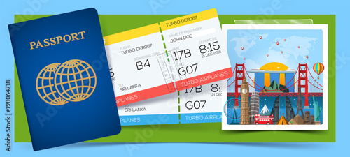 Time to travel concept. Banner with Passport, tickets and photo frame with miniature places and landmarks. Vector illustration. Worldwide traveling.